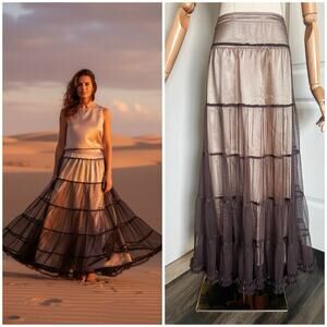 Tasha Polizzi M Tiered Mesh Maxi Skirt Brown Champagne Tulle Ruffle Western